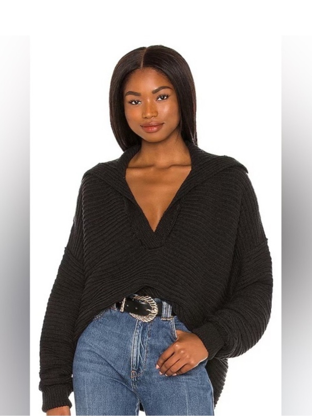 Free People Women's Marlie Pullover Sweater Collared V-Neck Black Size Medium